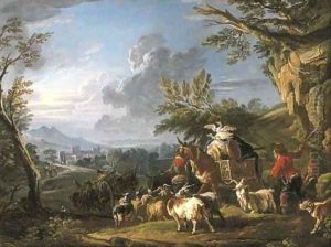A landscape with travelers and a drover with his herd of goats on a path, a town beyond