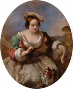 A Beautiful Young Lady With Her Spaniel On A Terrace.