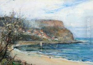 Staithes, A Coastal Landscape With Figures On The Shore