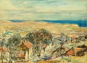 A Village Scene, Possibly Ugthorpe, With A Coastal View Beyond A Village Scene, Possibly Ugthorpe, With A Coastal View Beyond