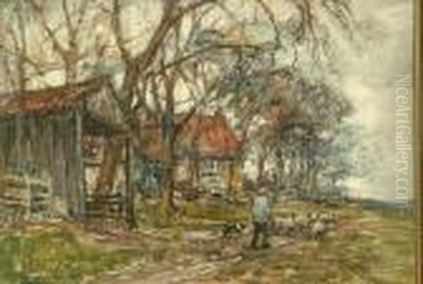 A Farmer Droving Sheep On A Country Pathway With Buildings Beyond - view 1