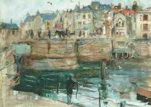 The Quayside At Whitby With Figures And A Horse And Cart by Rowland Henry Hill