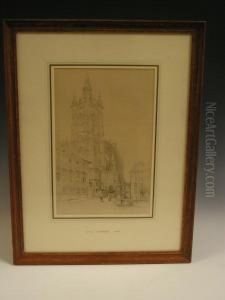 A Continental Street Scene Withcathedral In The Background by Samuel Prout