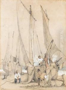 A Beached Fishing Boat With Figures by Samuel Prout