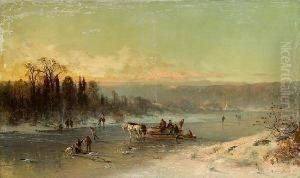 Figures On A Horse Drawn Sledge 
And Figuresice Fishing On A Frozen River With A Town Beyond
