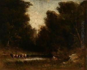 Cows Watering In A Forest Clearing by Thomas Hill