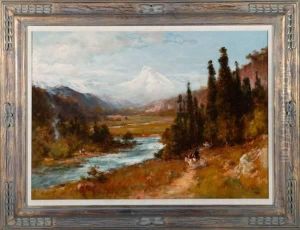 View Of Mt. Hood, Oregon 
Withamerican Indian Figures On Horseback. With Figures Across River by Thomas Hill