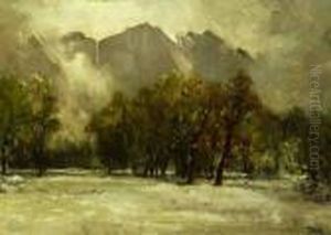 Snowy Scene With Trees At Mountain Edge by Thomas Hill