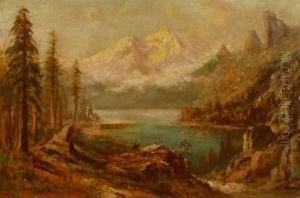 Rider On Horseback & Two
Figures In View Of Mt. Shasta From Castle Lake S L/l: T. Hill O/c 16x24 by Thomas Hill