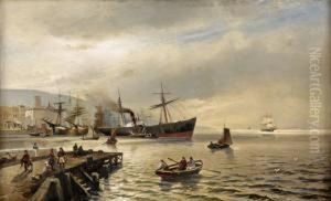 Italienische Hafenstadt Mit Regem Treiben. by Heinrich (Heinz) Hiller