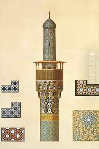 A Minaret and Ceramic Details from the Mosque of the Medrese i Shah Hussein Isfahan - view 1