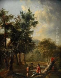 Pastoralt Skogslandskap Med Rastande Vandringsman by Carl Peter Hillestrom