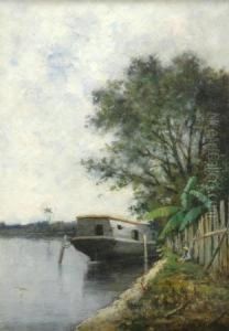 Florida Scene, Barge And Fisherman by William Henry Hilliard