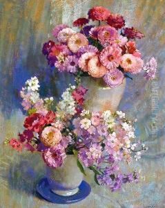 Zinnias And Stock by Laura Coombs Hills