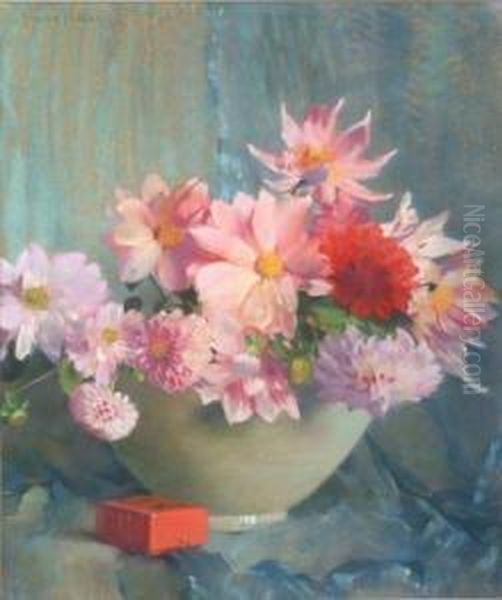 Lacquer, Silk And Celadon/a Still Life With Zinnia, Dahlia And Cosmos - view 1