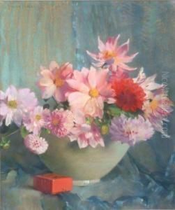 Lacquer, Silk And Celadon/a Still Life With Zinnia, Dahlia And Cosmos