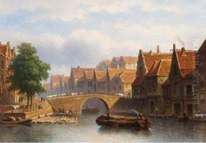 Canal In A Busy Dutch Town by Eduard Alexander Hilverdink