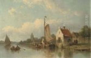 A River Landscape With Fishermen In Their Boats by Eduard Alexander Hilverdink