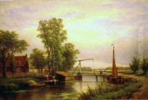 Holland Canal Scene With Figures Beside A Drawbridge by Eduard Alexander Hilverdink