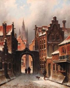 A Snow-covered Street In Delft, With The Church Spire Of The Oudejan In The Background