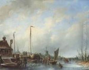 Activities On The Ice In A Dutch Town by Johannes Hilverdink
