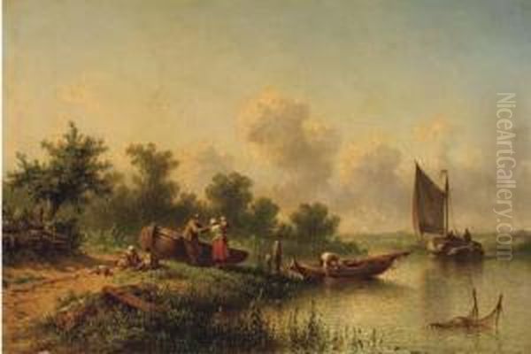 A Fisherfamily Standing By A River On A Sunny Day - view 1
