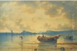 Fishermen Tending To Their Nets At Sunset