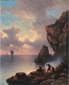Fishermen Near The Seaside In An Evening Landscape by Johannes Hilverdink