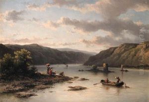 A Rhenish River Landscape With Fishermen In A Boat And Washerwomenon A Bank