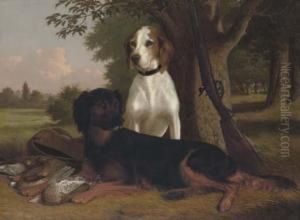 The End Of The Day: A Pointer And Setter With Game And A Shotgun At The Edge Of A Wood by Thomas Hewes Hinckley