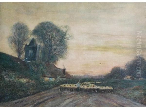 Drover With Sheep On Country Lane - view 1