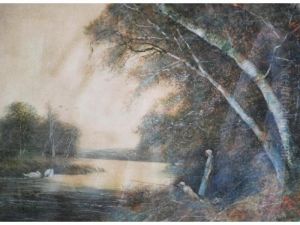 River Scene With Figures On The Bank by Fred Hines