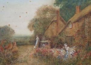 Late Spring, Thatched Cottage Garden In Full Bloom With Figure