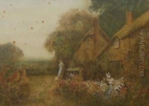 Figure By A Thatched Cottage In Summer