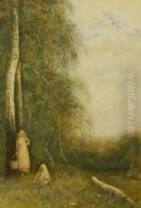 Mother And Child Gathering Bluebells At The Edge Of A Wood