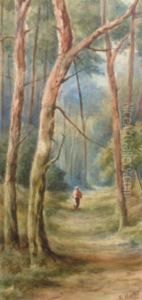 Act.-1928- Figure On A Wooded Path; Watercolour, Signed, 44x27cm