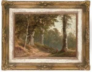 A Shepherd And His Flock On A Wooded Path