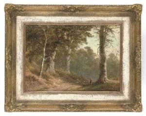 A Sherherd And His Flock On A Wooded Path by Fred Hines