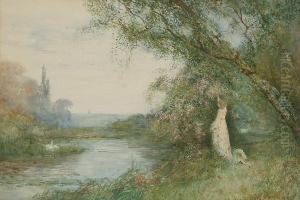 A Young Woman Gathering Fruit By A River