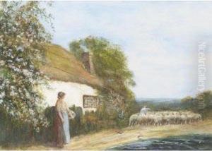 A Girl By A Cottage With A Shepherd And Sheep Beyond