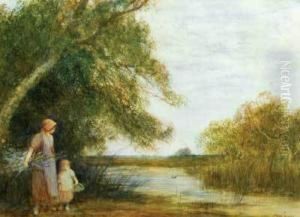 Mother And Child Gathering Wood By A River by Theodore Hines