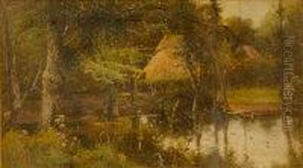 Wooded River Scene With Thatched Buildings Beyond - view 1