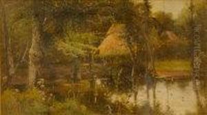 Wooded River Scene With Thatched Buildings Beyond by Theodore Hines