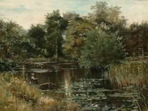 A Boy Fishing From A Punt