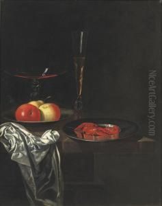 Two Venetian Glasses, Apples On A
Pewter Plate And A Silver Dishwith Crayfish On A Marble Table Top by Johann Georg (also Hintz, Hainz, Heintz) Hinz