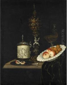 A Still Life Of Apples And
Walnuts In A Ceramic Dish, An Elaborate Silver And Gilt Cup And Cover, A
Silver And Gilt Nautilus Shell Tazza, A Silver Mounted Ivory Tankard,
Knives And A Peach On A Salver, All Upon A Table Partly Draped With A
Green C by Johann Georg (also Hintz, Hainz, Heintz) Hinz
