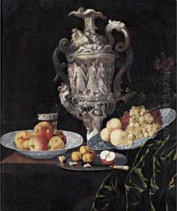 Still Life With An Elaborately 
Sculpted Urn And Blue And White Porcelain Bowls With Fruit by Johann Georg (also Hintz, Hainz, Heintz) Hinz