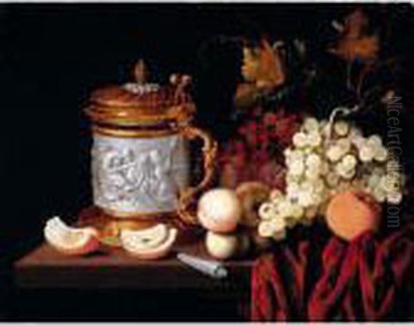 Still Life With An Ornate
Tankard, Together With Grapes, Oranges And Apricots, A Knife On A Wooden
Table Draped With A Red Cloth - view 1