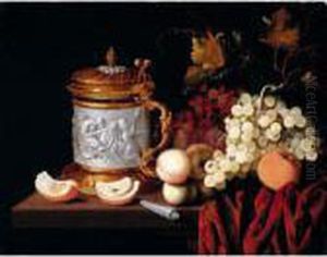Still Life With An Ornate 
Tankard, Together With Grapes, Oranges And Apricots, A Knife On A Wooden
 Table Draped With A Red Cloth