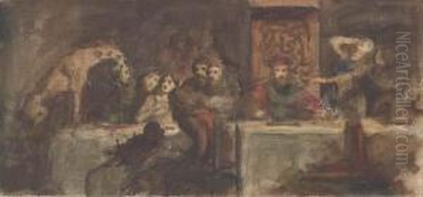 Une Scene De Banquet Avec Un Roi Et Un Felin Tenant Une Tete Danssa Gueule - view 1